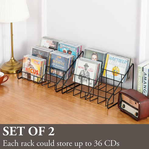 MyGift 3-Tier Modern Matte Black Metal Wire CD Storage Rack, Tabletop Media Organizer, Set of 2
