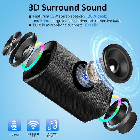Hupoaf 5.4 2026 20W IP-X7 Bluetooth Speaker, Wireless Bluetooth Speaker with Stereo Deep Bass, HD Call, Colorful RGB