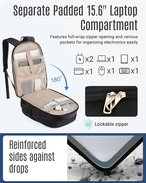 LIGHT FLIGHT Travel Backpack for Women, 15.6" Laptop Backpack, Water Resistant, Large Capacity, Black
