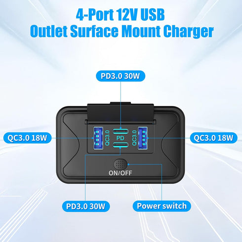 Hapytrip 78W 4 12V 36W 18W QC3.0 Port USB Outlet Wall Mount, Dual PD & Dual Lightweight Surface Mount Charger Socket