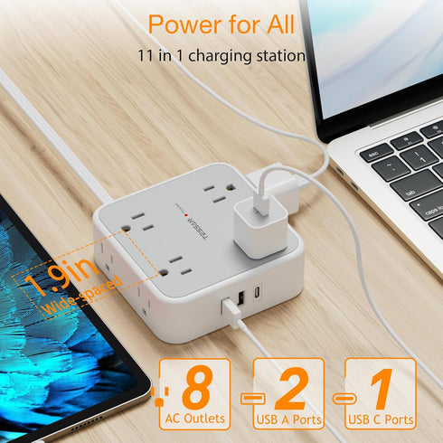 TESSAN 20 FT Long Flat Plug Extension Cord - Ultra Thin Power Strip Surge Protector with 8 AC Outlets, 900J