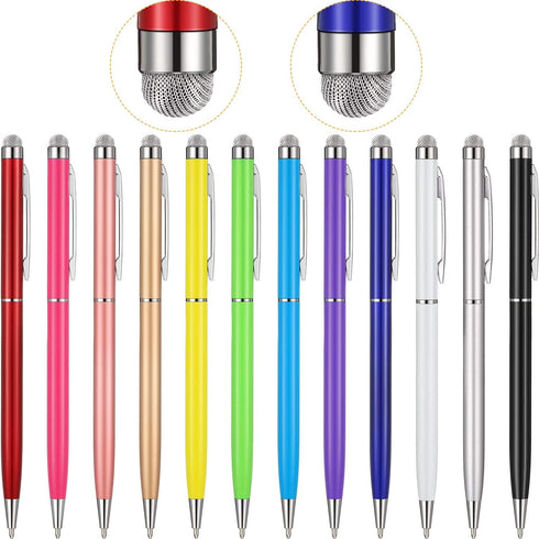 Outus 12 Pieces Stylus Pens for Touch Screens, Retractable Fiber Tip 2 in 1 Capacitive Ballpoint Pen for iPad iPhone