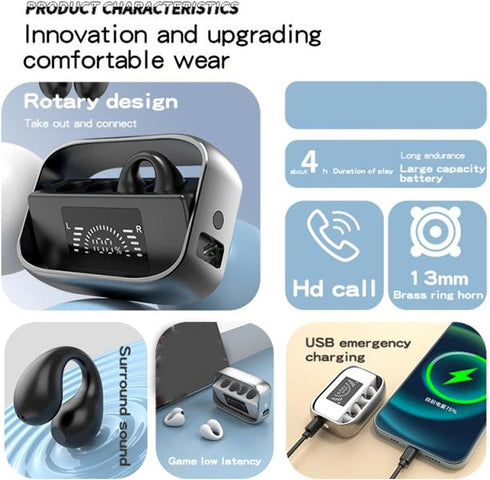 Open Ear Clip Headphones - Bluetooth Earbuds with Built-in Mic, Ear Hooks, LED Display Charging Case, and IPX5