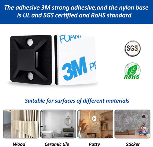 Strong Back-Glue Self Adhesive Cable Zip Tie Mounts Kit - 50 Set Cable Management Clips