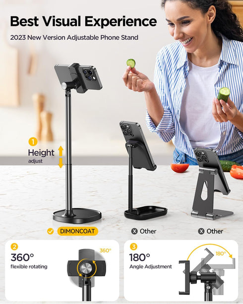 DIMONCOAT Cell Phone Stand for Desk, Angle Height Adjustable Phone Holder for Desk, Aluminum Alloy Universal Phone Stand Recording, Retractable iPhone Stand Holder Office for iPhone 15 Pro Max Plus
