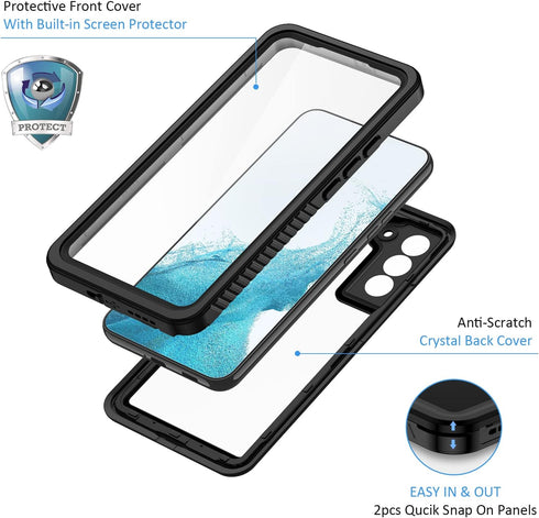 Lanhiem Waterproof Case for Samsung Galaxy S22 - IP68 Dustproof with Built-in Screen Protector, Heavy Duty Black/Clear