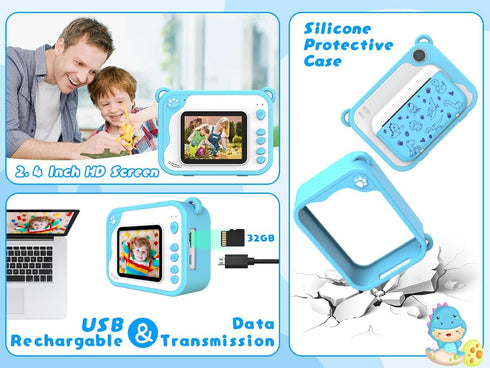 Instant Print Kids Camera, Ink Free Printing Dinosaur Camera for Ages 3-12, Christmas Gifts, Blue