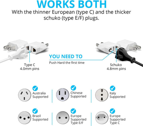 Unidapt European to US Plug Adapter, 220V to 110V Converter, Travel Adapters for Europe to USA, 2-Pack