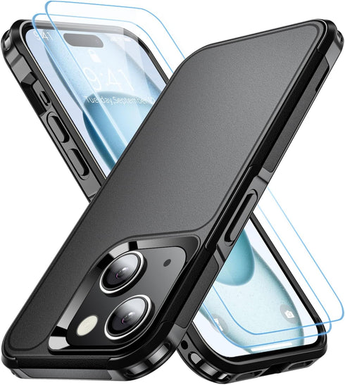 Mysterious Black iPhone 15 Case: Shockproof, 15 FT Military Grade Drop Protection, plus 2X Tempered Glass Screen