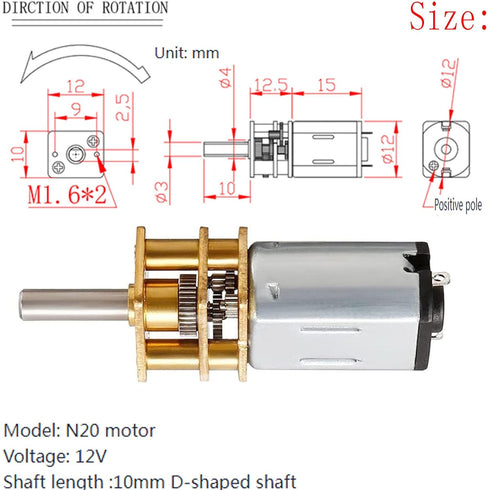 BYDGUMEI 12V 1000RPM N20 Motor,GA12-N20 3mm (3 DC Mini Reduction Gear Reduction Mini Metal Gear Box Gear Motor Axis