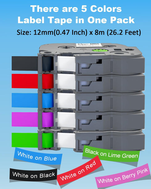 RAEMALL Compatible Brother Label Tape TZe335 TZe435 TZe535 TZeMQG35 TZeMQP35 12mm Laminated White on Color