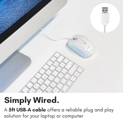 Macally USB Wired Mouse - 3 Button, Scroll Wheel, 5 Foot Long Cord, Compatible with Apple and Windows