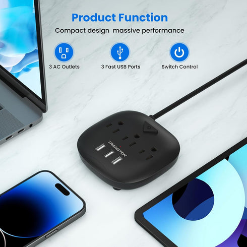 Power Strip with 3 Outlets and 3 USB Ports, Desktop Charging Station with 5 ft Extension Cord - Black