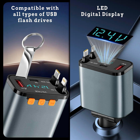 50W MP3 12V/24V PD Car Charger with Bluetooth FM, Retractable Type-C & Lightning Cables, Hands-Free Calling Kit, USB
