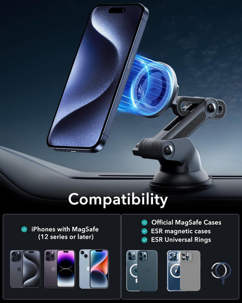 ESR HaloLock MagSafe Car Mount, Dashboard Magnetic Phone Holder for iPhone 15/14/13/12, Windshield Mount