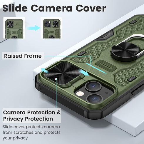 Caka Case for iPhone 14 Plus - Camera Cover & Kickstand, 360° Rotate Ring Stand, Green