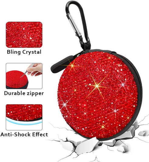 SAVORI Earphone Case - Bling Rhinestone Crystal Portable Headphone Organizer Pouch Bag with Carabiner, 1 Pack (Red)