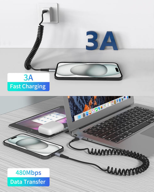 Coiled USB C Cable, 2 Pack USB to USB C Coiled Cable for Car, Short USB C Retractable Cable for iPhone 15 Pro Max