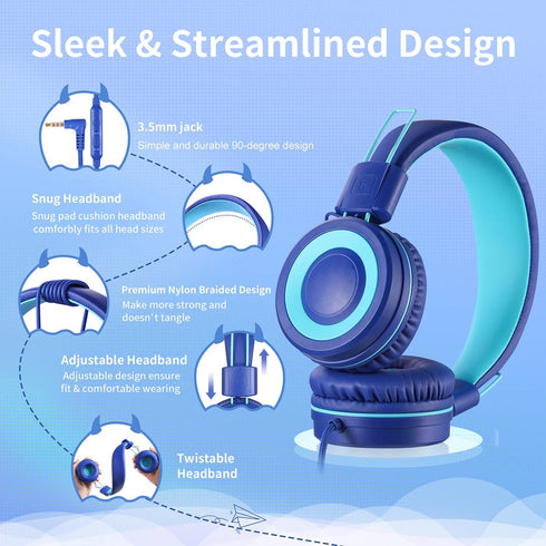 POWMEE P10 Kids Stereo Headphones with Microphone for Children Boys Girls,Adjustable 85dB/94dB Volume Control Foldable On-Ear Headphone for School/PC/Cellphone(Blue)