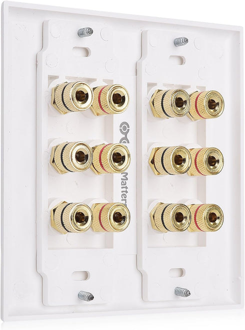 Cable Matters Double Gang Speaker Wire Wall Plate, Gold Plated with Banana Plug Binding Post for 6 Speakers, White