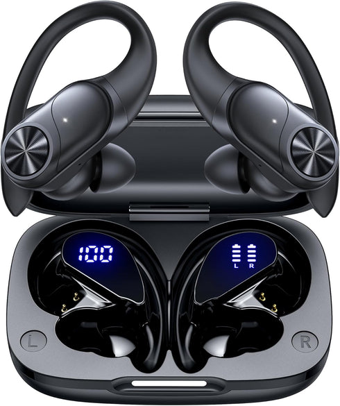 PocBuds Bluetooth Headphones Wireless Earbuds, 80hrs Playtime, Digital Display Sports Ear Buds with Earhook