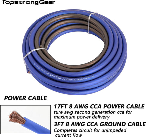 TOPSTRONGGEAR Complete Amp Kit, 8 Gauge True 8 AWG Amplifier Subwoofer Installation Wiring Cables