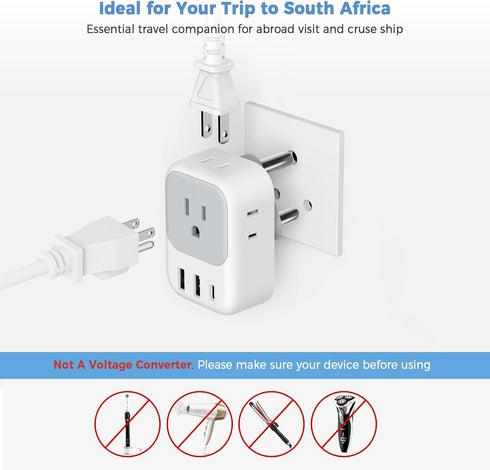 TESSAN South Africa Power Adapter, Type M Plug Adaptor with 4 American Outlets, 3 USB Charger (1 USB C Port)