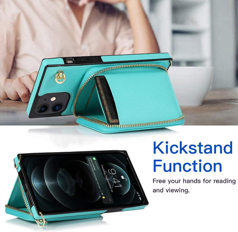 Asuwish iPhone 13 Mini Case - Mint Green Wallet Cover with Zipper, Screen Protector & Card Holder Slot, Leather Stand.