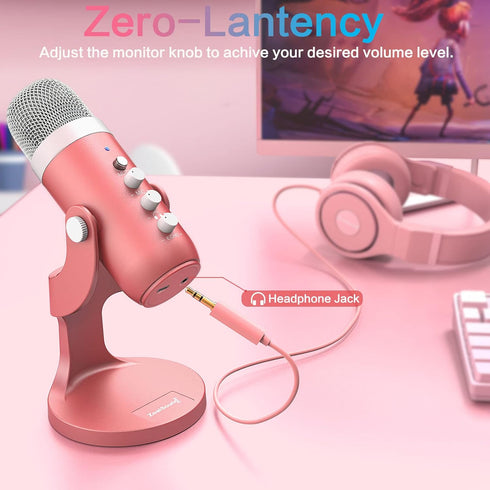ZealSound Gaming USB Pink Microphone with Quick Mute for Phone, Computer, PC, PS5, Studio Mic with Gain Control, Echo &