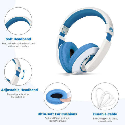 rockpapa Comfort Kids Headphones for School, Lightweight Over-Ear Wired 3.5mm for Boys Girls Teens, Travel White/Blue