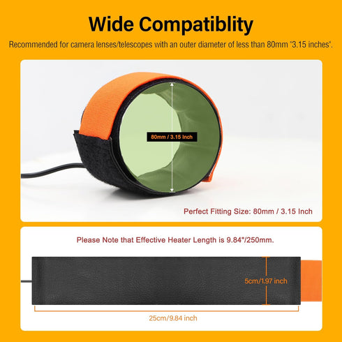 250mm 3.15 Inch (80mm) Astromania Dew Heater for Telescope DSLR Camera Lens, DC Lens Heater Warmer Stepless Temperature