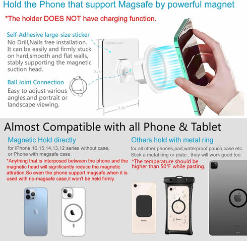 OCEANLOVE 360 17/16/15/14/13/12,All for MagSafe Wall Mount Magnetic Phone Holder, Self-Adhesive, Rotatable, Waterproof