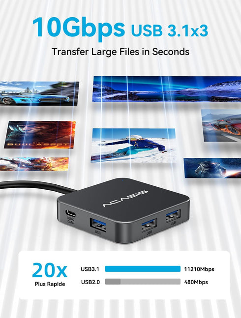 ACASIS 4FT 10Gbps, 4K 60Hz 100W 3 A3.1+1 3.1 USB C Hub Long Cable Multiport Adapter with HDMI, Power Delivery, USB