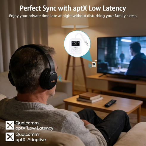 1Mii 5.3 2 25H 3.5mm MP3, Bluetooth Transmitter w/Screen for TV to Headphones, aptX AD/LL/HD Hi-Fi Audio, Playtime, AUX