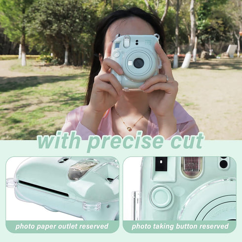 MUZIRI KINOKOO Clear Protective Case for Fuji Instax Mini 12, Hard PVC Carrying Case with Rainbow Shoulder Strap