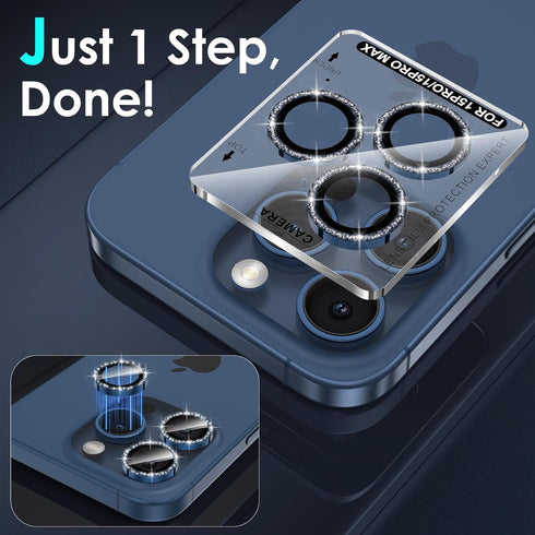 YWXTW Bling Camera Lens Protector for iPhone 15 Pro/Pro Max, Individual Metal Tempered Glass Case Friendly (Blue