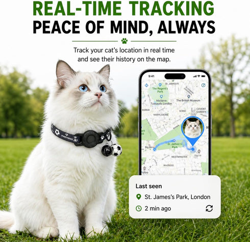 GPS Collar for Cats (Android Only) Pet Tracker, Soccer Style Smart Tag Compatible with Google Find My, Waterproof No