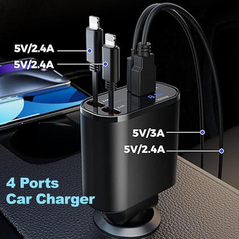 120W Retractable USB C Car Charger, 4-in-1 with 2.6ft Type C Cable, QC 3.0 & PD 3.0 Super Fast Charging for iPhone