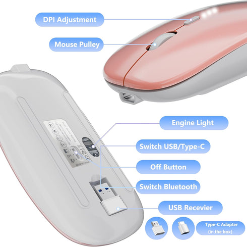 Slim Rechargeable Wireless Silent Mouse, 2.4G Wireless & Bluetooth Technology for Laptop/PC/Mac/iPad (Rose Gold)