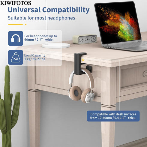 KIWIFOTOS Headphone Stand Holder Under Desk, PC Gaming Headset Hook with 360 Adjustable Rotating Arm Clamp & Cable Clip