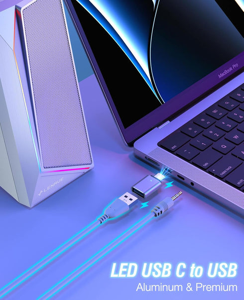 LENRUE Computer Speakers, USB/USB-C Powered with Loud Stereo Sound, Headphone-in for Desktop, Laptop (Adapter Included)
