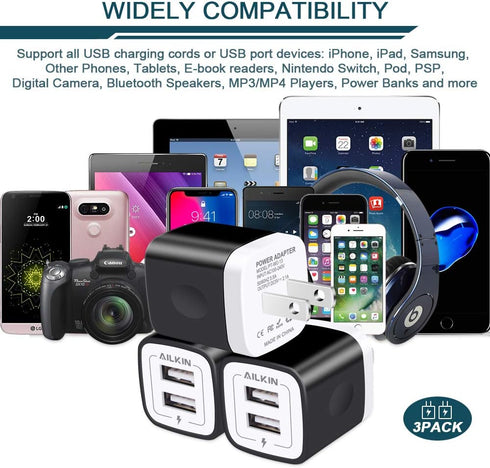 USB Wall Charger / Ailkin 3-Pack 2.1Amp Dual Port Fast Charging Adapter / Cube Box for iPhone 15 14 Pro 13 12 SE XS 8