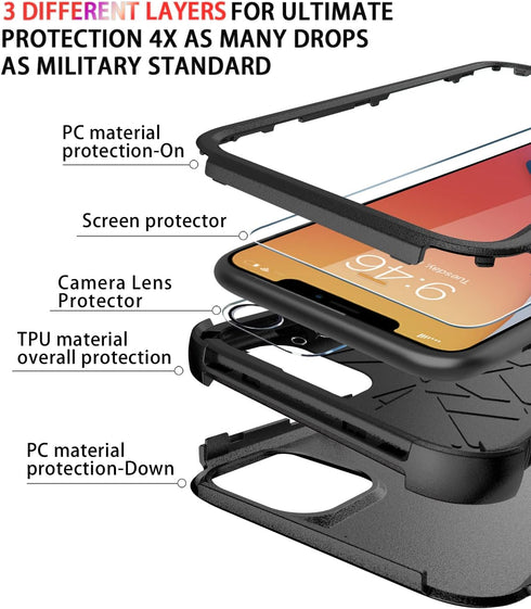 Diverbox iPhone 11 Case, Heavy Duty Shockproof Protection with Tempered Glass Screen Protector - Black