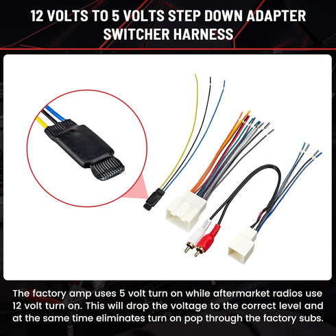 12V 5V 2000-2004 1999-2003 RED WOLF Radio Wiring Harness RCA Plug with to Step Down Converter Kit for Ford Mustang