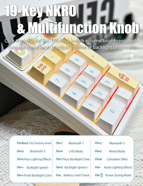 Gasket Creamy Wireless Mechanical Numpad, Programmable Macro Keypad with RGB Backlit, Hot Swappable, Rechargeable,