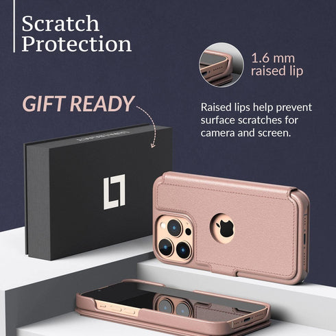 LUPA Legacy Wallet Case for iPhone 13 Pro, Slim Durable Card Holder Flip Cell Phone Case - Faux Leather (Rose Gold)