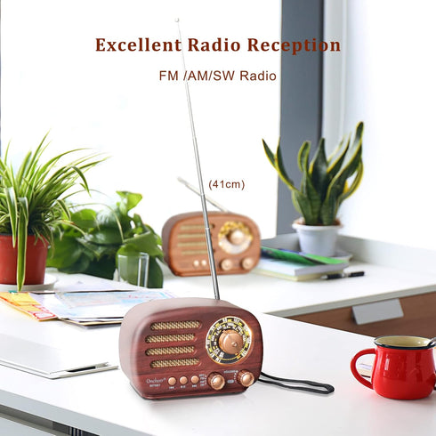 Portable Vintage Radio Bluetooth Speaker, FM/AM/SW Classic Style, Rechargeable Battery Powered & USB Charging
