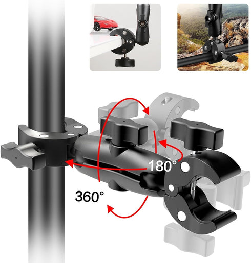 PULUZ Double Camera Clamp Mount, Crab Plier Clip Bracket Magic Arm, Umbrella Clamp for Motorcycle, Bike, Desktop