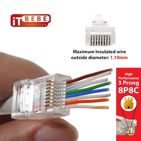 ITBEBE 50 Pieces RJ45 Cat6 Pass Through Connectors - Gold Plated Transparent Ethernet Insert Crimp Connector for 24 AWG