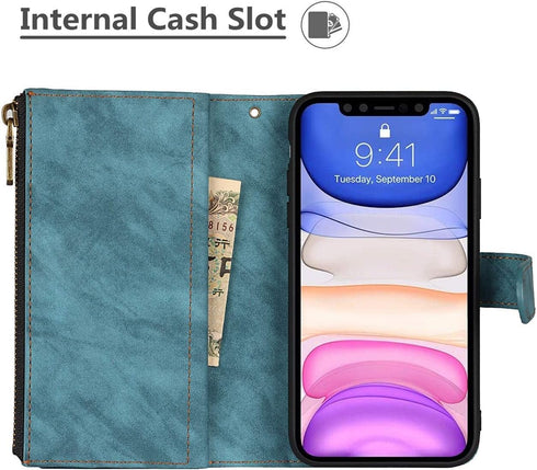 iCoverCase for iPhone 11 Wallet Case, Card Holder and Wrist Strap, PU Leather Flip Cover Case 6.1 Inch (Blue)